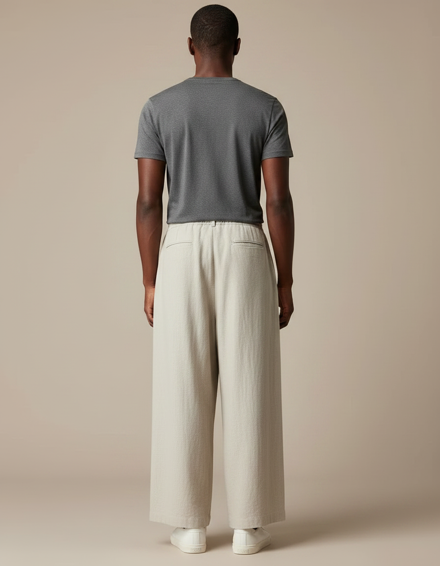 Pantalon Chinois Lin Ample Beige Décontracté Unisexe - vue 2