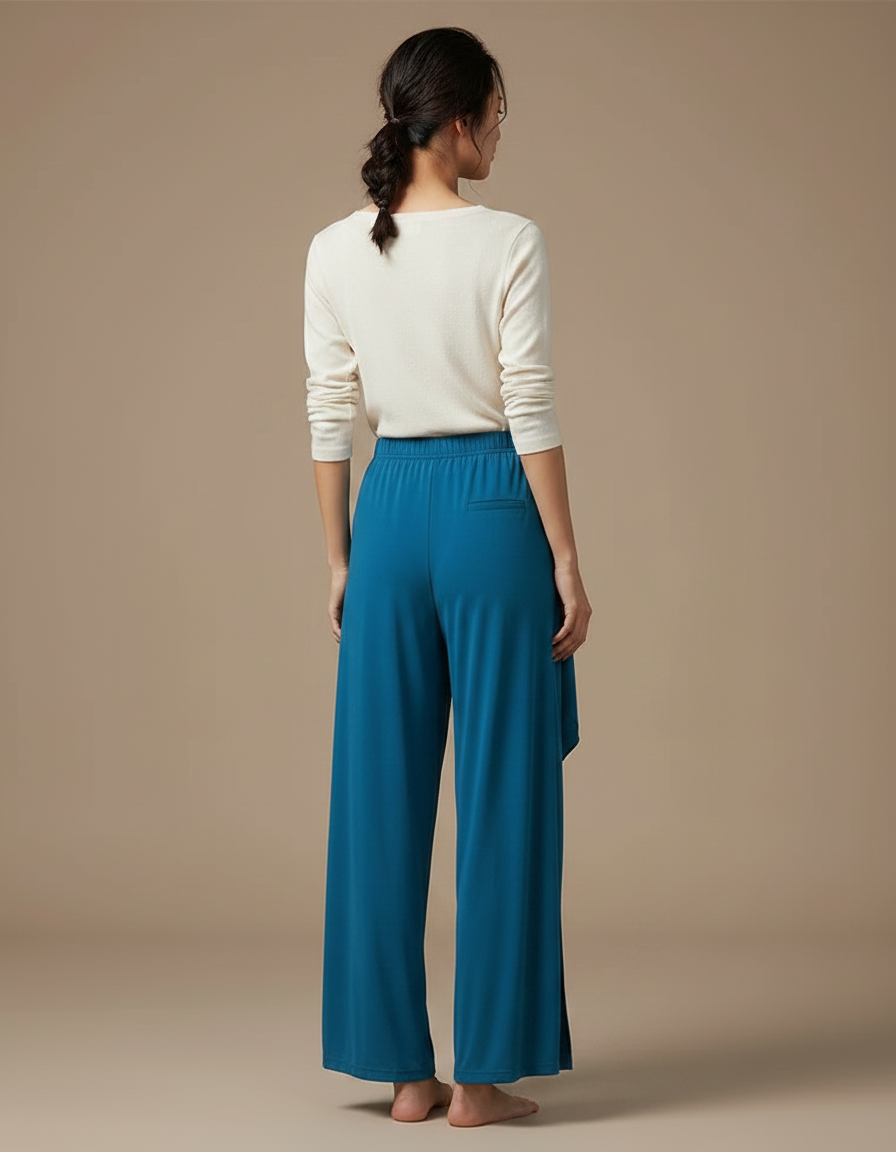Pantalon Chinois Bleu Fluide Ample Fendu Femme - Viscose - vue 2