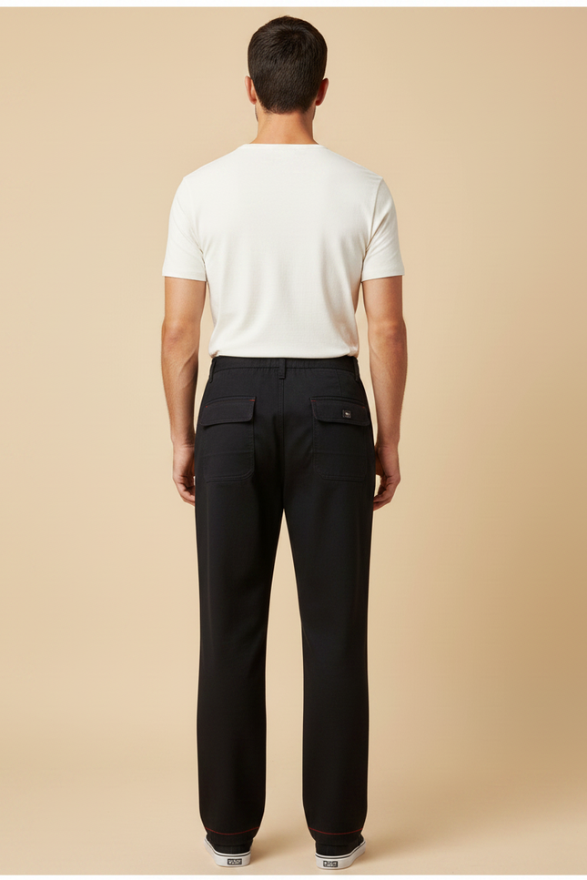 Pantalon Chinois Noir Ample Coutures Rouges Homme - Gabardine - vue 2