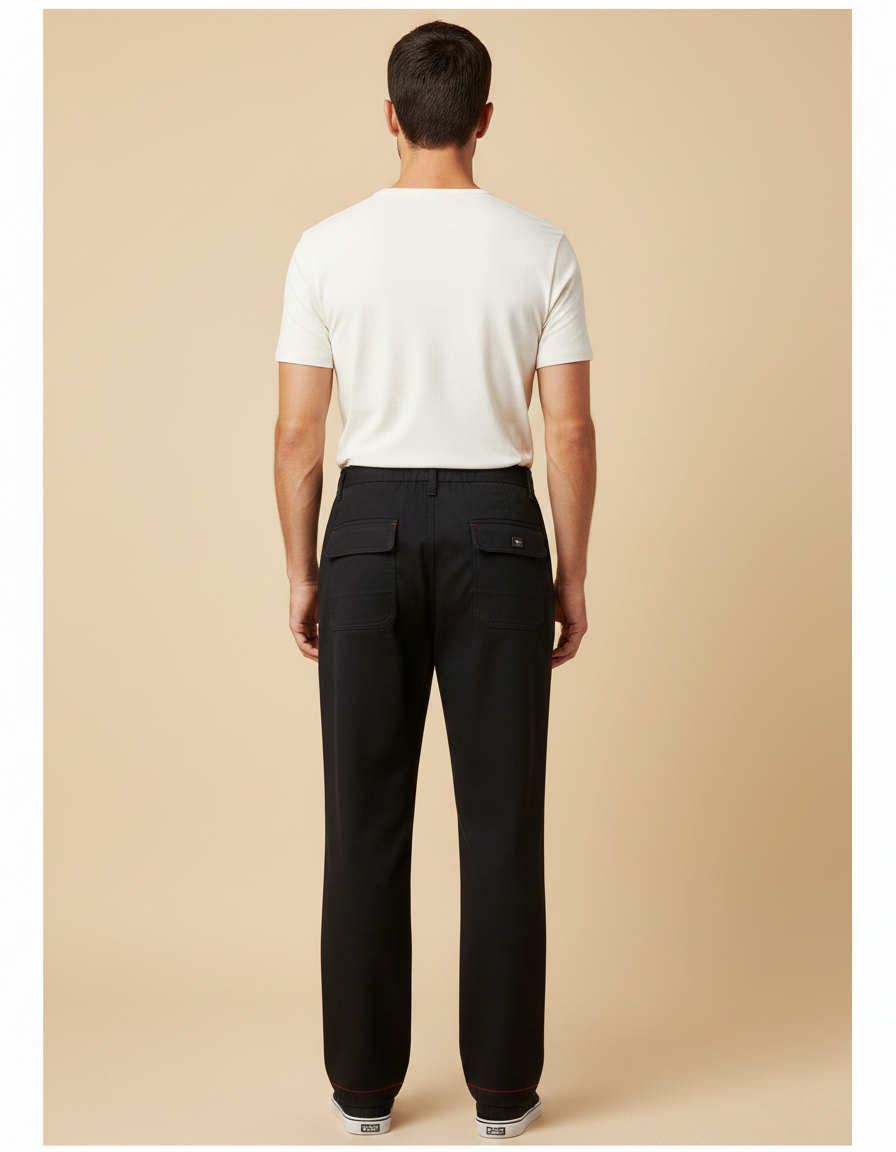 Pantalon Chinois Noir Ample Coutures Rouges Homme - Gabardine - vue 2