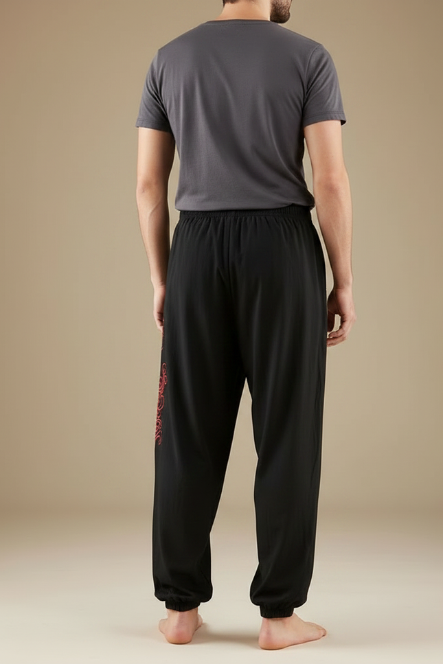 Pantalon Chinois Noir Ample Brodé Rouge Homme - Coton - vue 2