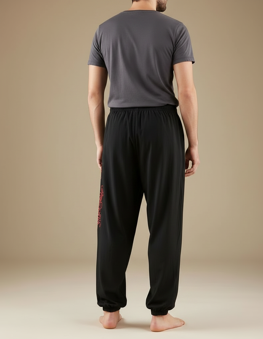Pantalon Chinois Noir Ample Brodé Rouge Homme - Coton - vue 2