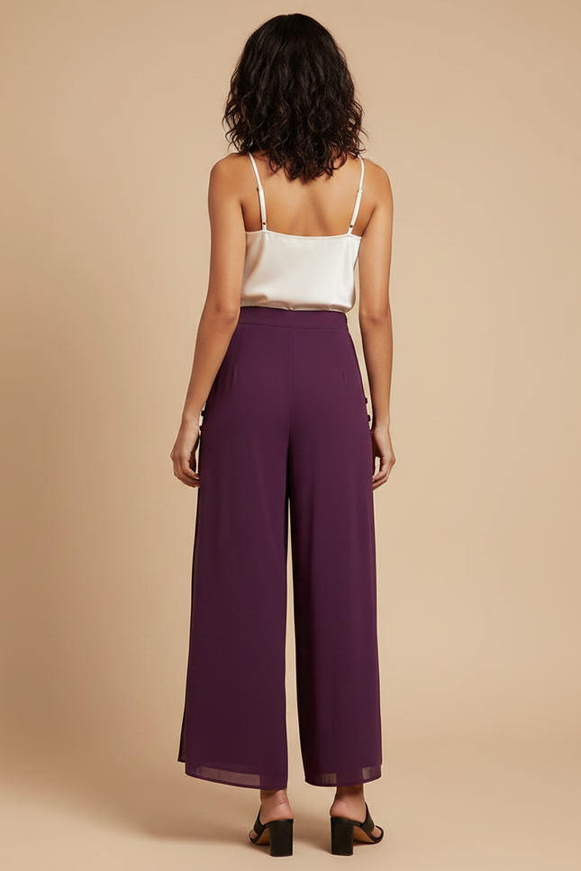 Pantalon Chinois Violet Fendu Fluide Taille Haute - Satin - vue 2