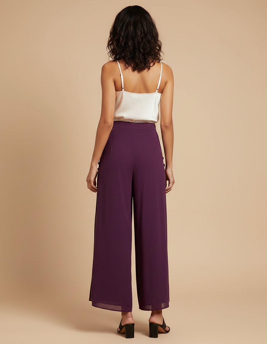 Pantalon Chinois Violet Fendu Fluide Taille Haute - Satin - vue 2