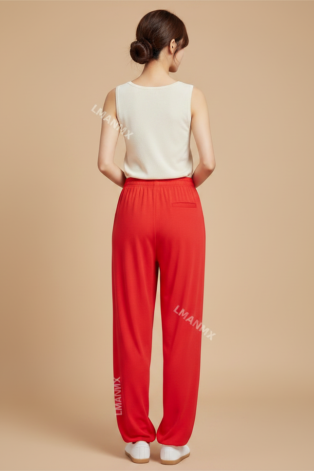 Pantalon Chinois Rouge Ample Fluide Décontracté Femme - Viscose - vue 2