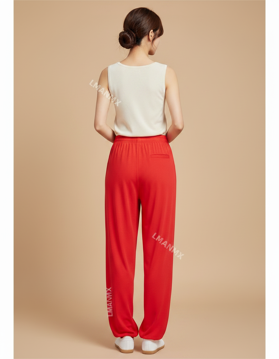 Pantalon Chinois Rouge Ample Fluide Décontracté Femme - Viscose - vue 2