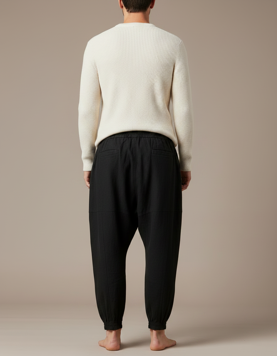 Pantalon Chinois Harem Noir Lin Ample Décontracté - vue 2