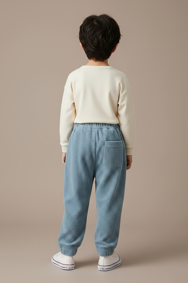 Pantalon Chinois Bleu Côtelé Ample Poches Enfant - Cordé - vue 2