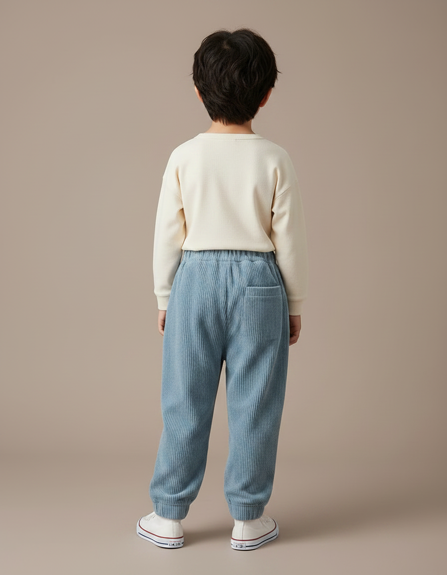 Pantalon Chinois Bleu Côtelé Ample Poches Enfant - Cordé - vue 2