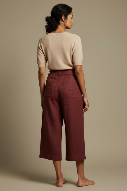 Pantalon Chinois Lin Ample Bordeaux Taille Haute Fluide - vue 2
