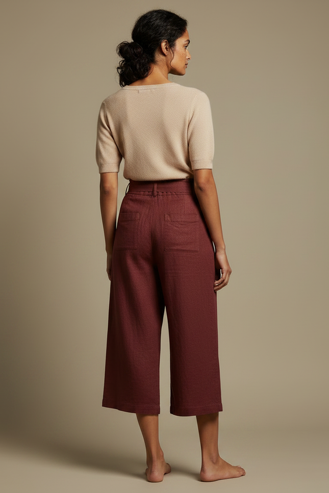 Pantalon Chinois Lin Ample Bordeaux Taille Haute Fluide - vue 2