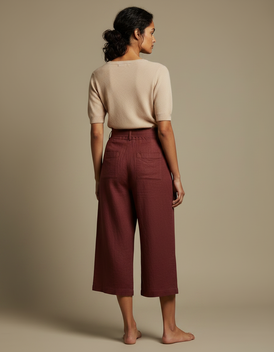 Pantalon Chinois Lin Ample Bordeaux Taille Haute Fluide - vue 2