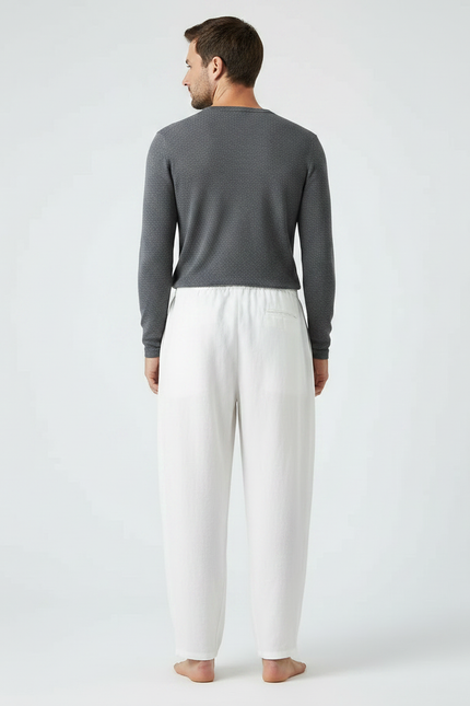 Pantalon Chinois Blanc Ample Lin Coton Cordon Décontracté - vue 2