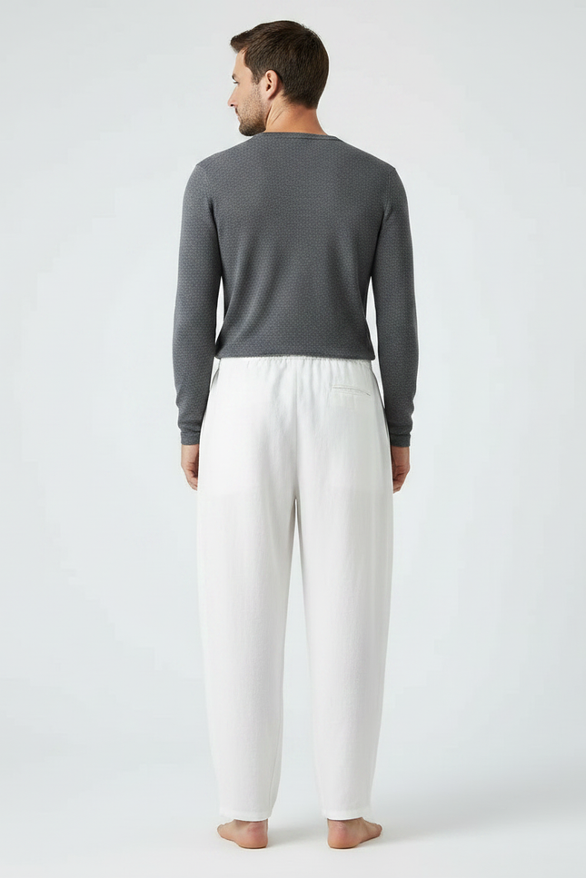 Pantalon Chinois Blanc Ample Lin Coton Cordon Décontracté - vue 2