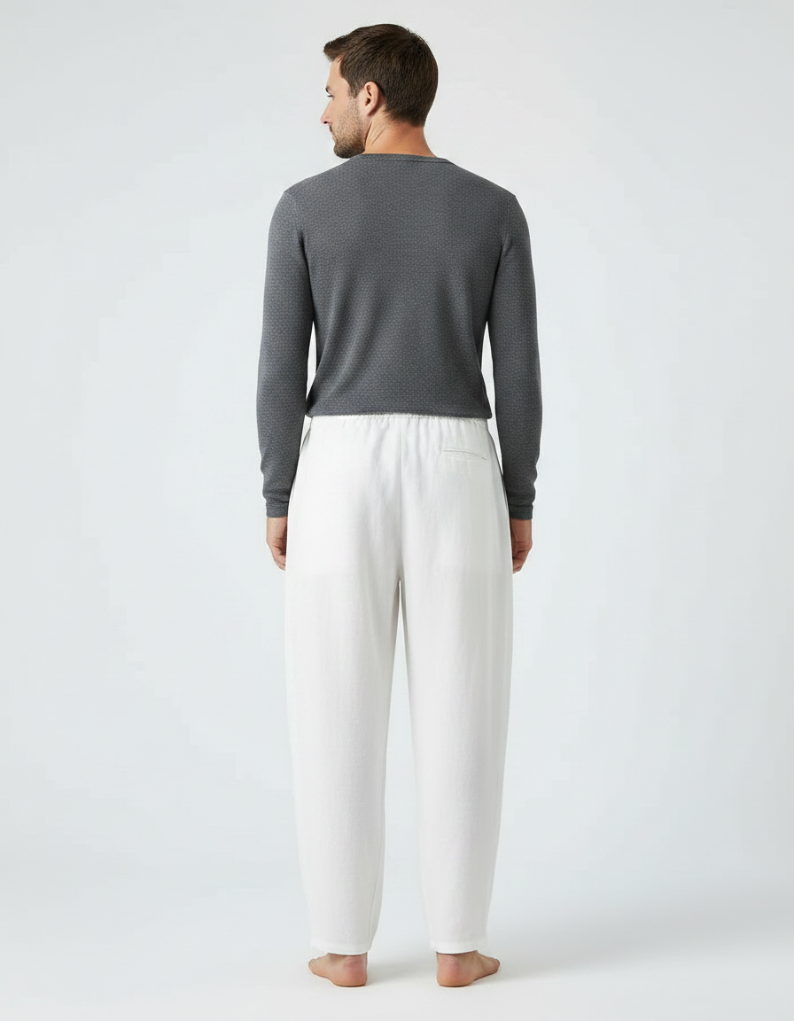 Pantalon Chinois Blanc Ample Lin Coton Cordon Décontracté - vue 2