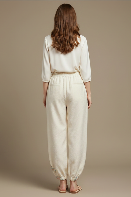 Pantalon Chinois Crème Brodé Ample Élégant Femme - Beige Lin - vue 2