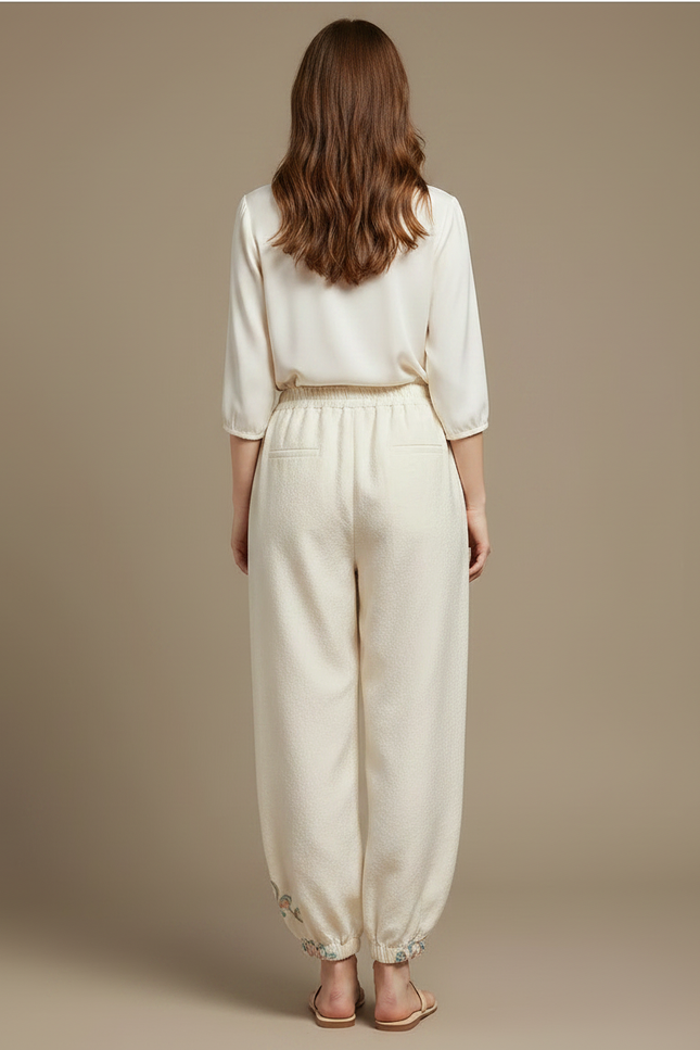 Pantalon Chinois Crème Brodé Ample Élégant Femme - Beige Lin - vue 2