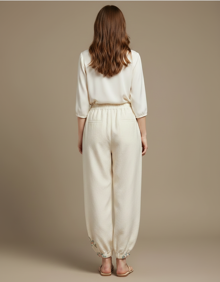 Pantalon Chinois Crème Brodé Ample Élégant Femme - Beige Lin - vue 2