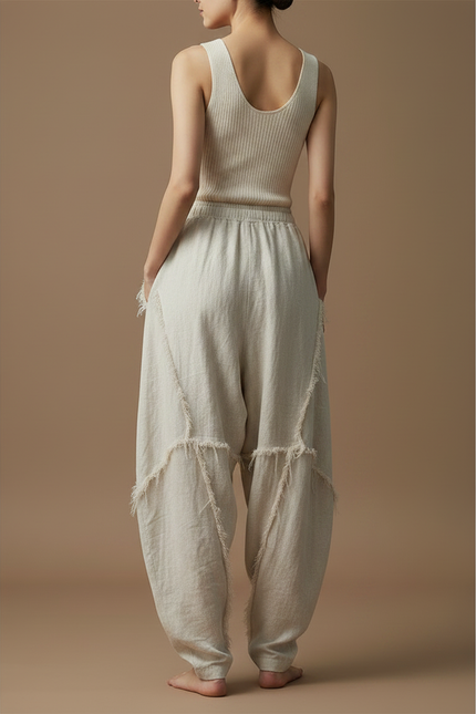 Pantalon Chinois Écru Lin Ample Déstructuré Vintage - Beige - vue 2