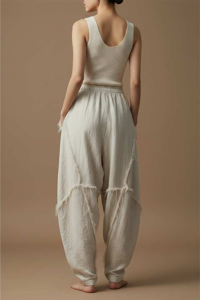 Pantalon Chinois Écru Lin Ample Déstructuré Vintage - Beige - vue 2