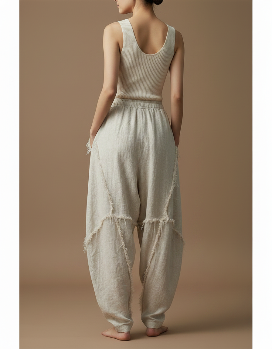 Pantalon Chinois Écru Lin Ample Déstructuré Vintage - Beige - vue 2