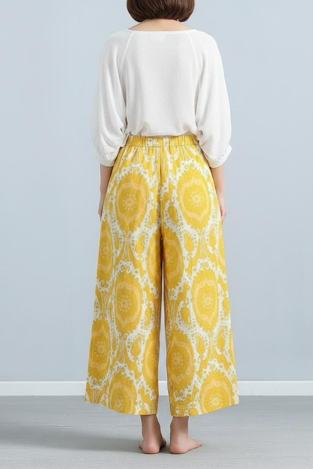 Pantalon Chinois Jaune Ample Lin Imprimé Artistique Fluide - vue 2
