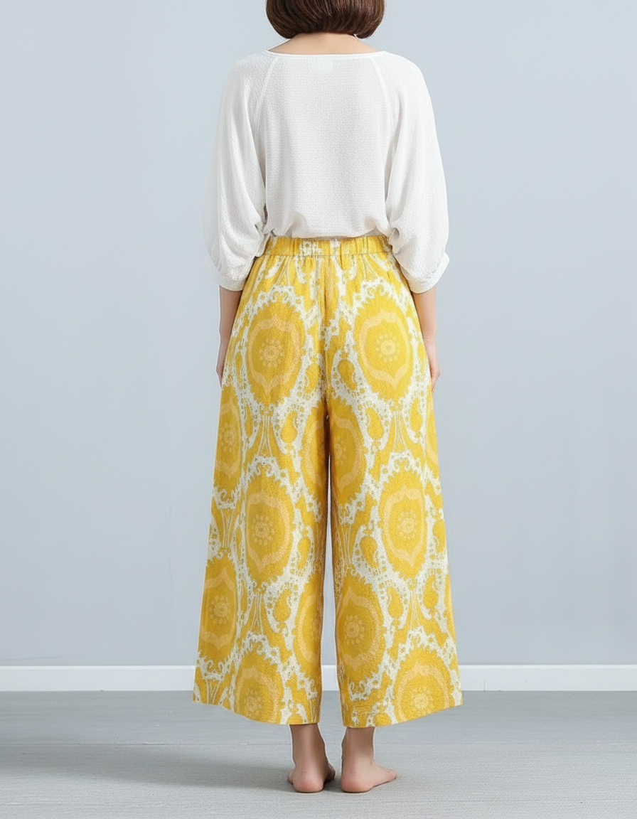 Pantalon Chinois Jaune Ample Lin Imprimé Artistique Fluide - vue 2