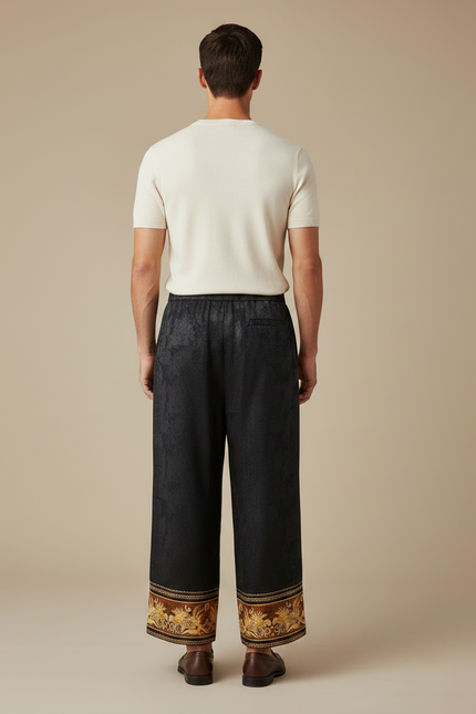 Pantalon Chinois Noir Jacquard Brodé Ample Ethnique - Viscose - vue 2