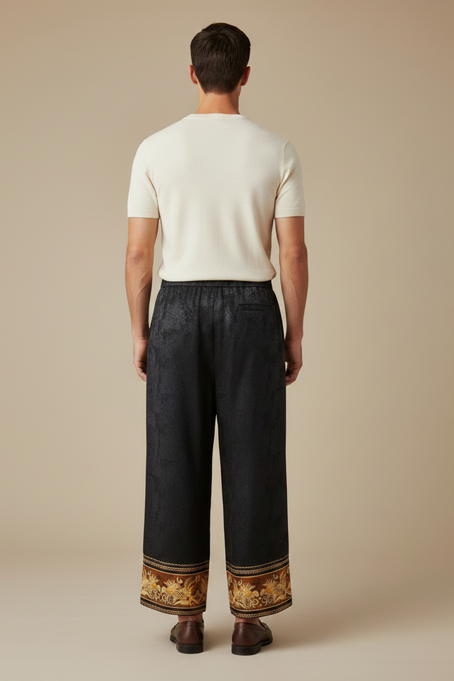 Pantalon Chinois Noir Jacquard Brodé Ample Ethnique - Viscose - vue 2