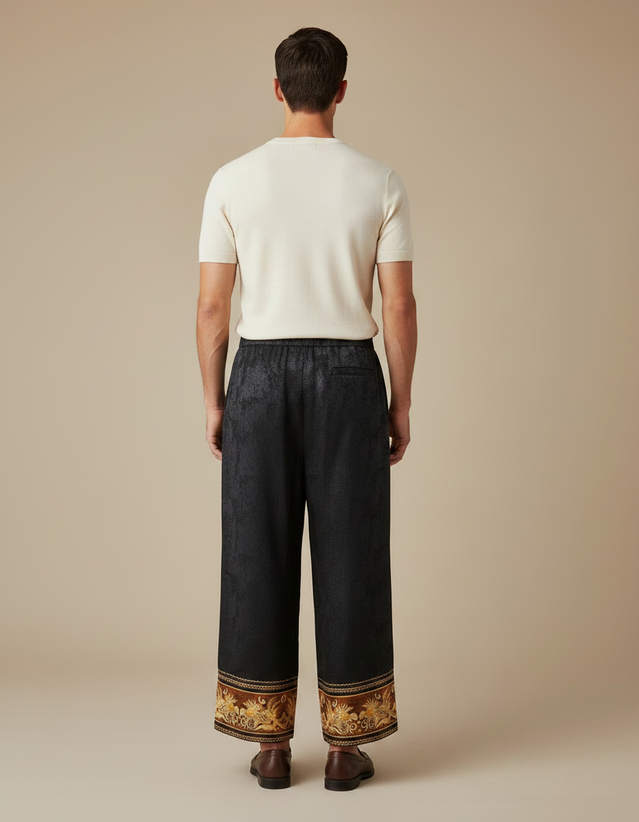 Pantalon Chinois Noir Jacquard Brodé Ample Ethnique - Viscose - vue 2