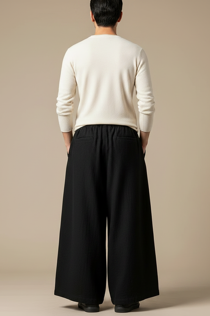 Pantalon Chinois Noir Ample Coton Lin Homme - vue 2