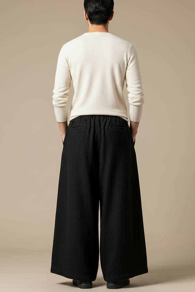 Pantalon Chinois Noir Ample Coton Lin Homme - vue 2