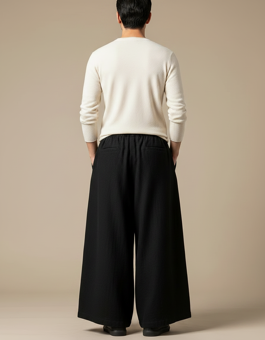 Pantalon Chinois Noir Ample Coton Lin Homme - vue 2