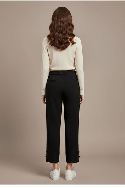 Pantalon Chinois Noir Ample Boutons Dentelle Femme - Gabardine - vue 2