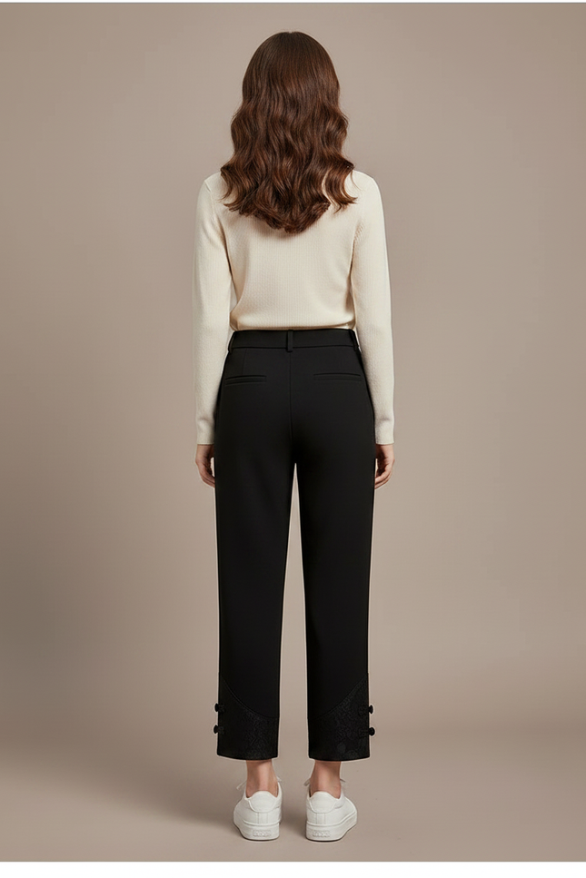 Pantalon Chinois Noir Ample Boutons Dentelle Femme - Gabardine - vue 2