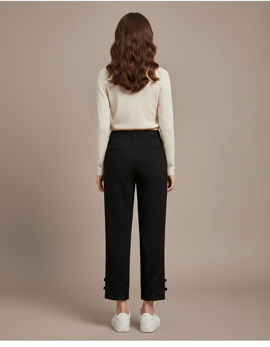Pantalon Chinois Noir Ample Boutons Dentelle Femme - Gabardine - vue 2