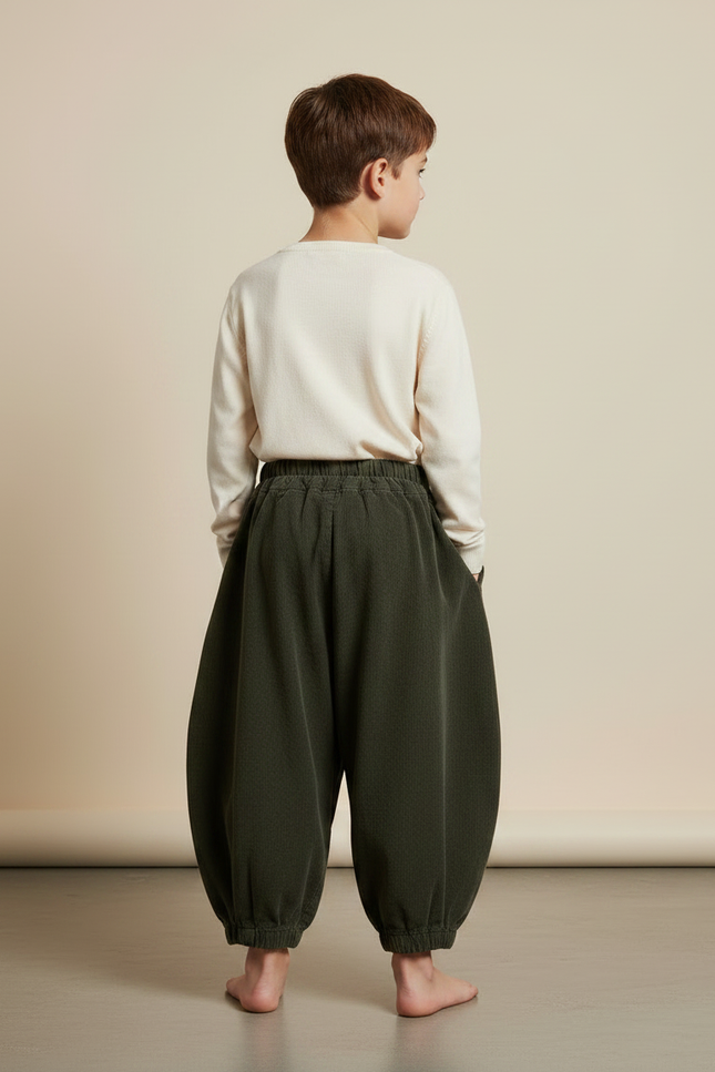 Pantalon Chinois Vert Côtelé Ample Enfant Rétro - Cordé - vue 2