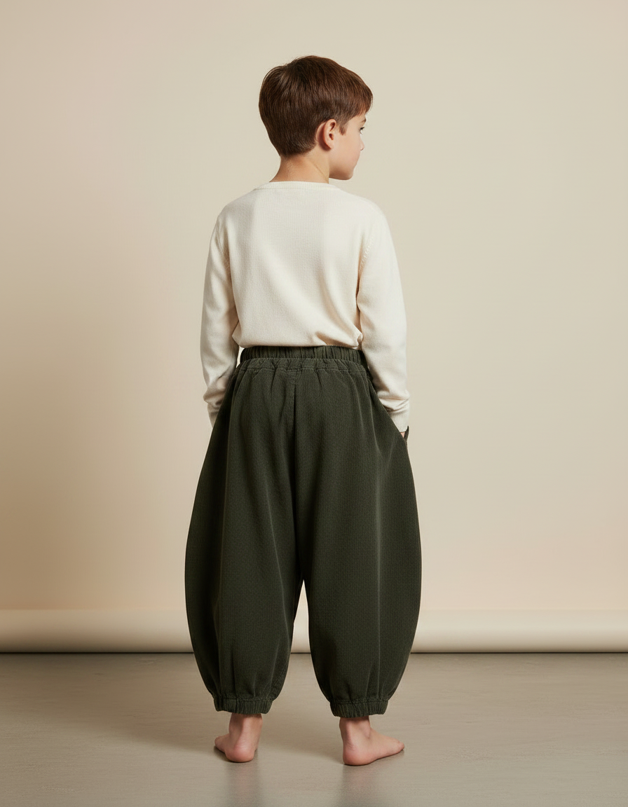 Pantalon Chinois Vert Côtelé Ample Enfant Rétro - Cordé - vue 2