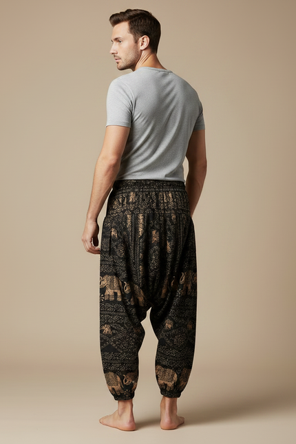 Pantalon Chinois Noir Éléphants Harem Coton Ample Décontracté - vue 2