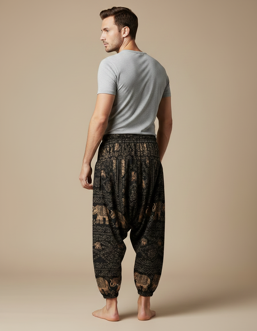 Pantalon Chinois Noir Éléphants Harem Coton Ample Décontracté - vue 2