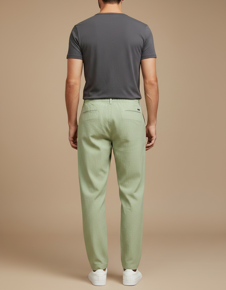 Pantalon Chinois Vert Clair Coton Lin Ample Décontracté - vue 2