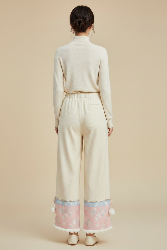 Pantalon Chinois Beige Fleur Rose Pompons Hiver - Cordé - vue 2