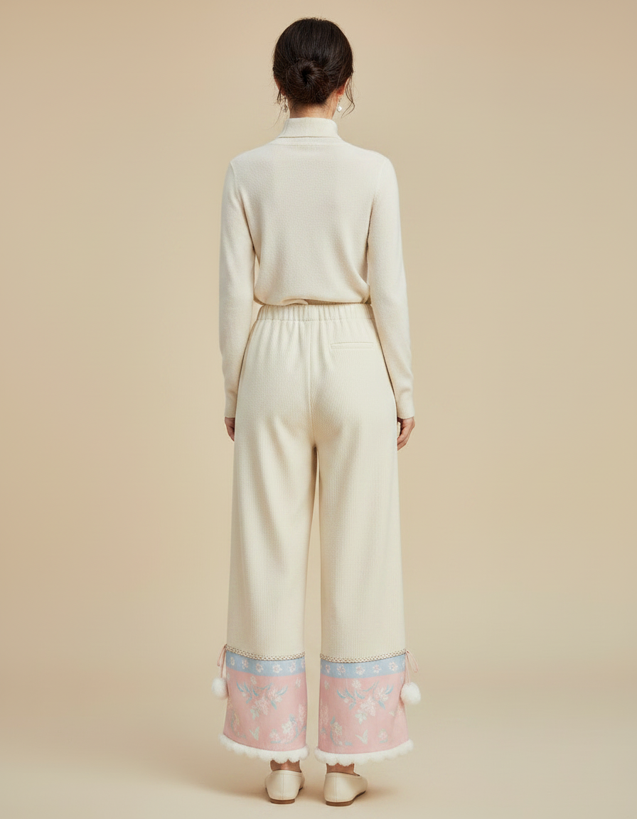 Pantalon Chinois Beige Fleur Rose Pompons Hiver - Cordé - vue 2