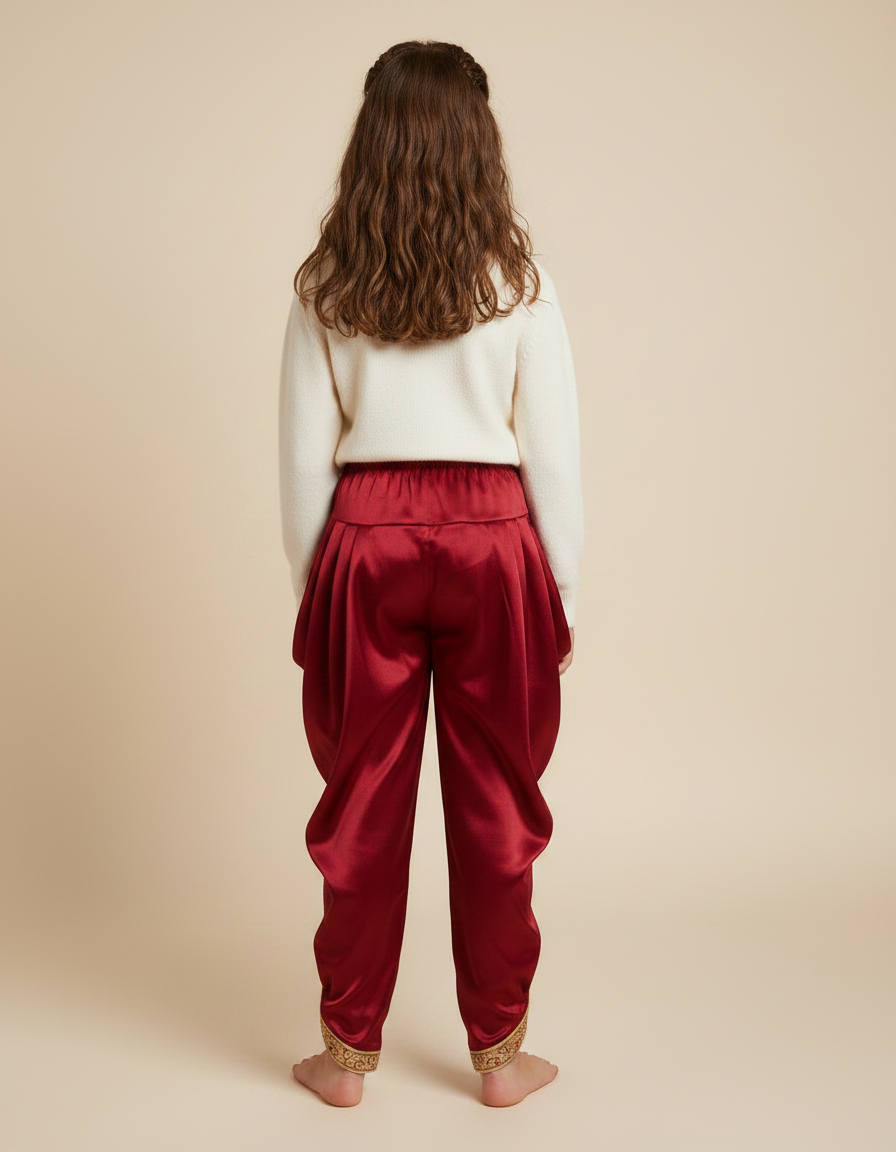 Pantalon Chinois Rouge Satiné Doré Ample Enfant - Bordeaux - vue 2
