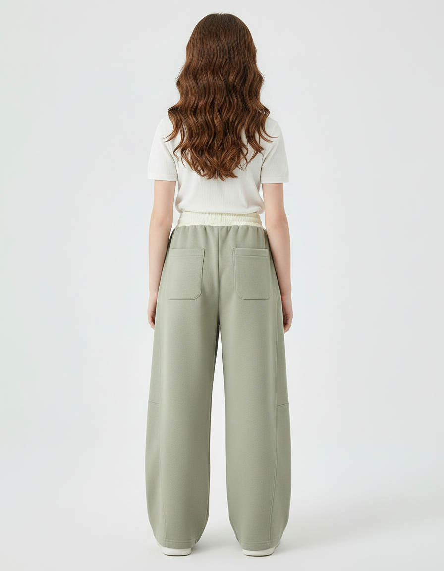 Pantalon Chinois Vert Sauge Ample Cordon Décontracté - Molleton - vue 2