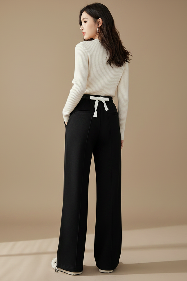 Pantalon Chinois Noir Ample Cordon Décontracté Hiver Épais - Molleton - vue 2