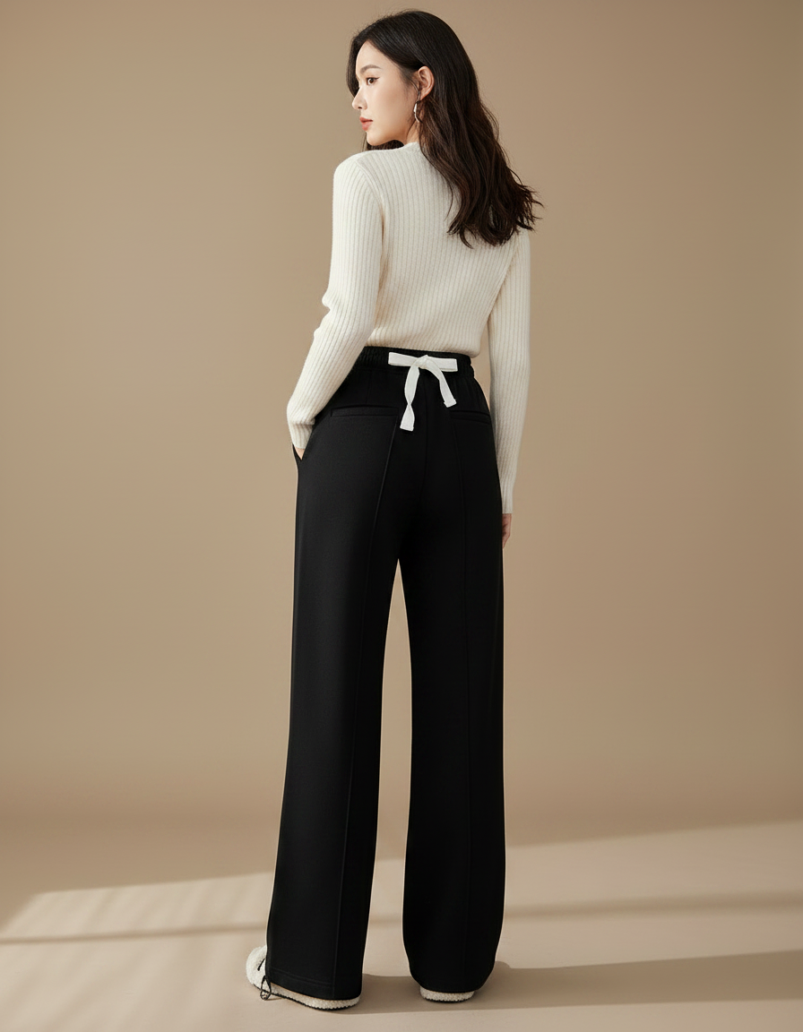 Pantalon Chinois Noir Ample Cordon Décontracté Hiver Épais - Molleton - vue 2