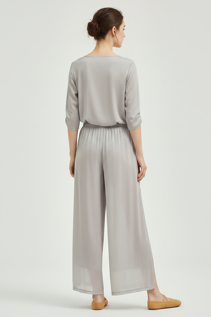 Pantalon Chinois Gris Fluide Fendu Élégant Femme - Soie - vue 2