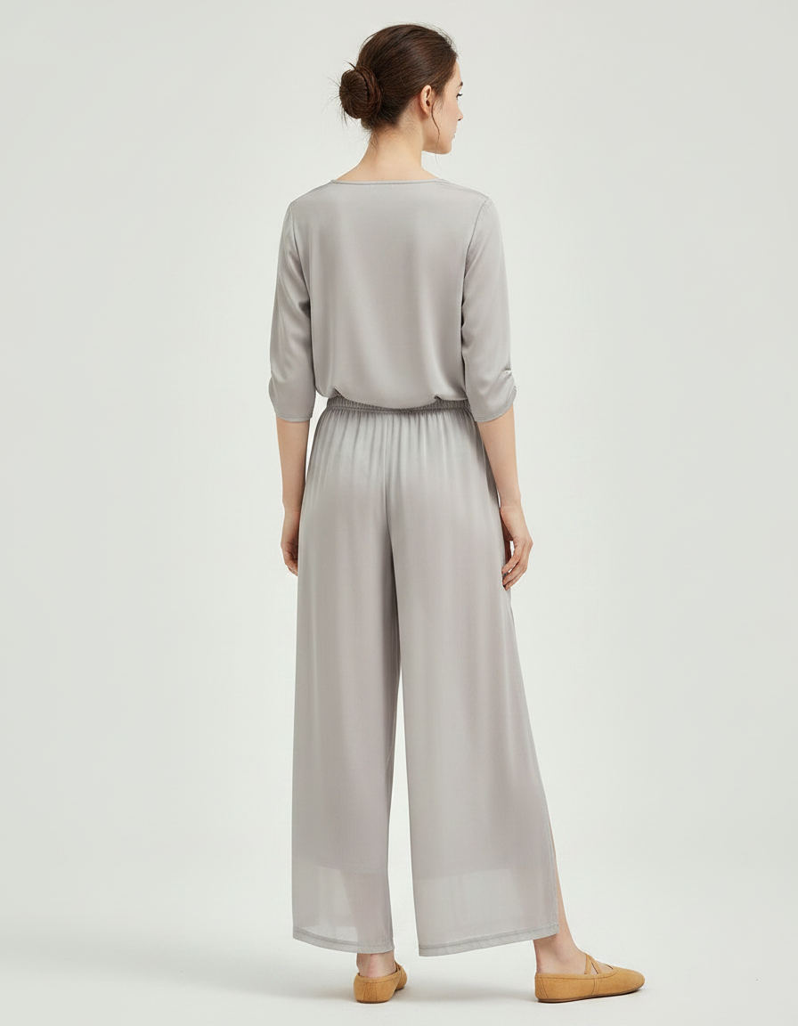 Pantalon Chinois Gris Fluide Fendu Élégant Femme - Soie - vue 2