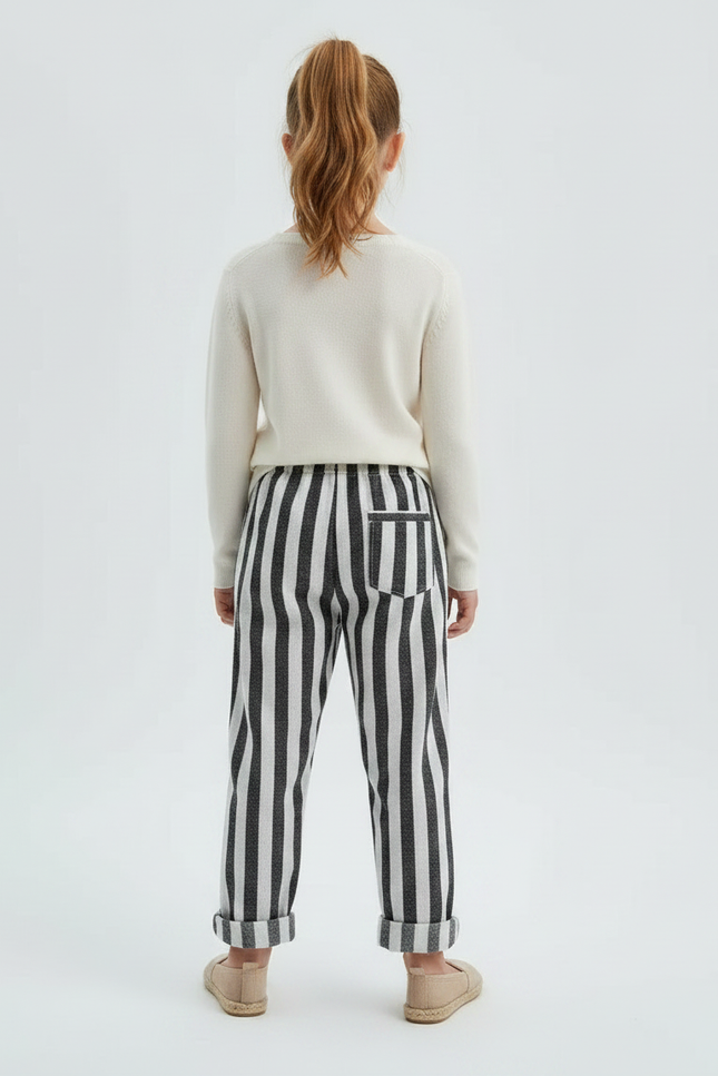 Pantalon Chinois Rayé Noir Blanc Coton Ample Fille - Multicolore - vue 2